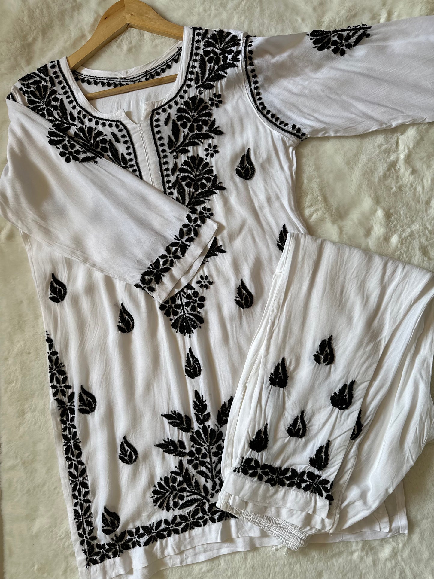 BLACK AND WHITE 3 PIECE SHORT KURTA MODAL SET