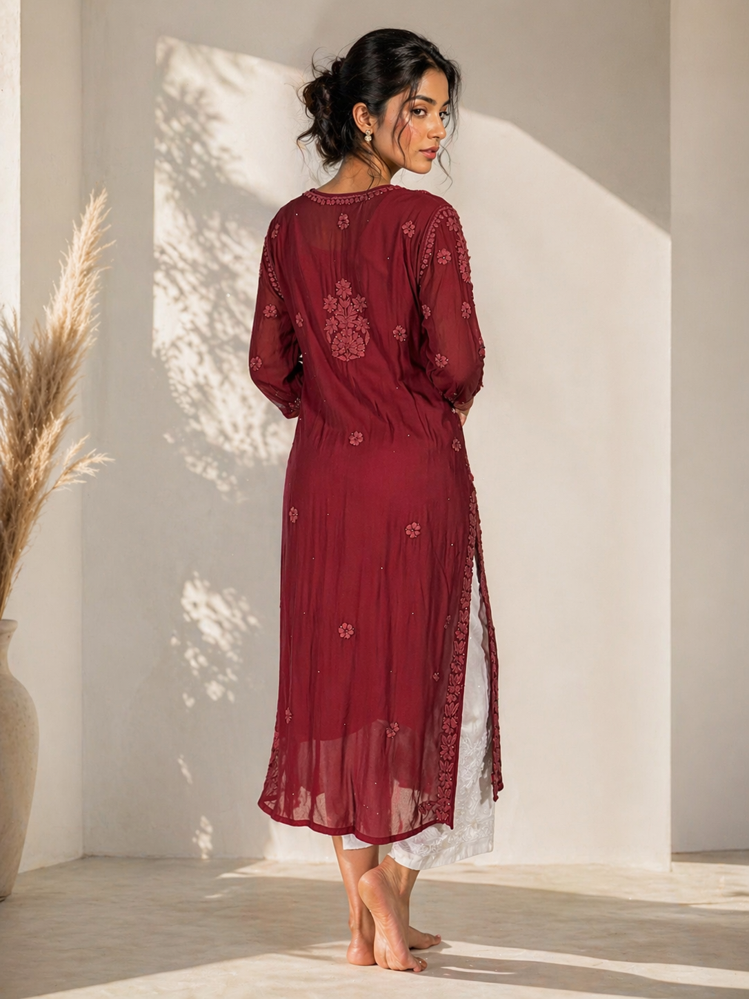 Maroon heavy work viscose Kurti (comes with an inner)