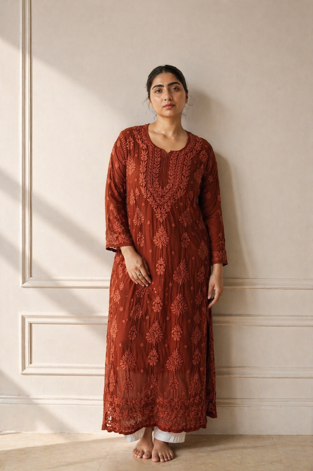 Brown heavy work viscose Kurti (comes with an inner)