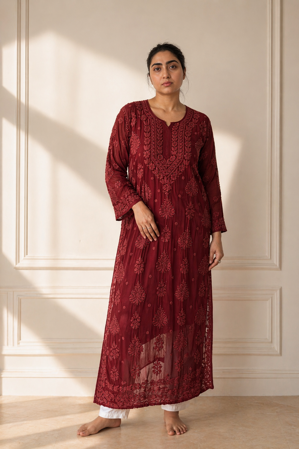 Maroon heavy work viscose Kurti (comes with an inner)