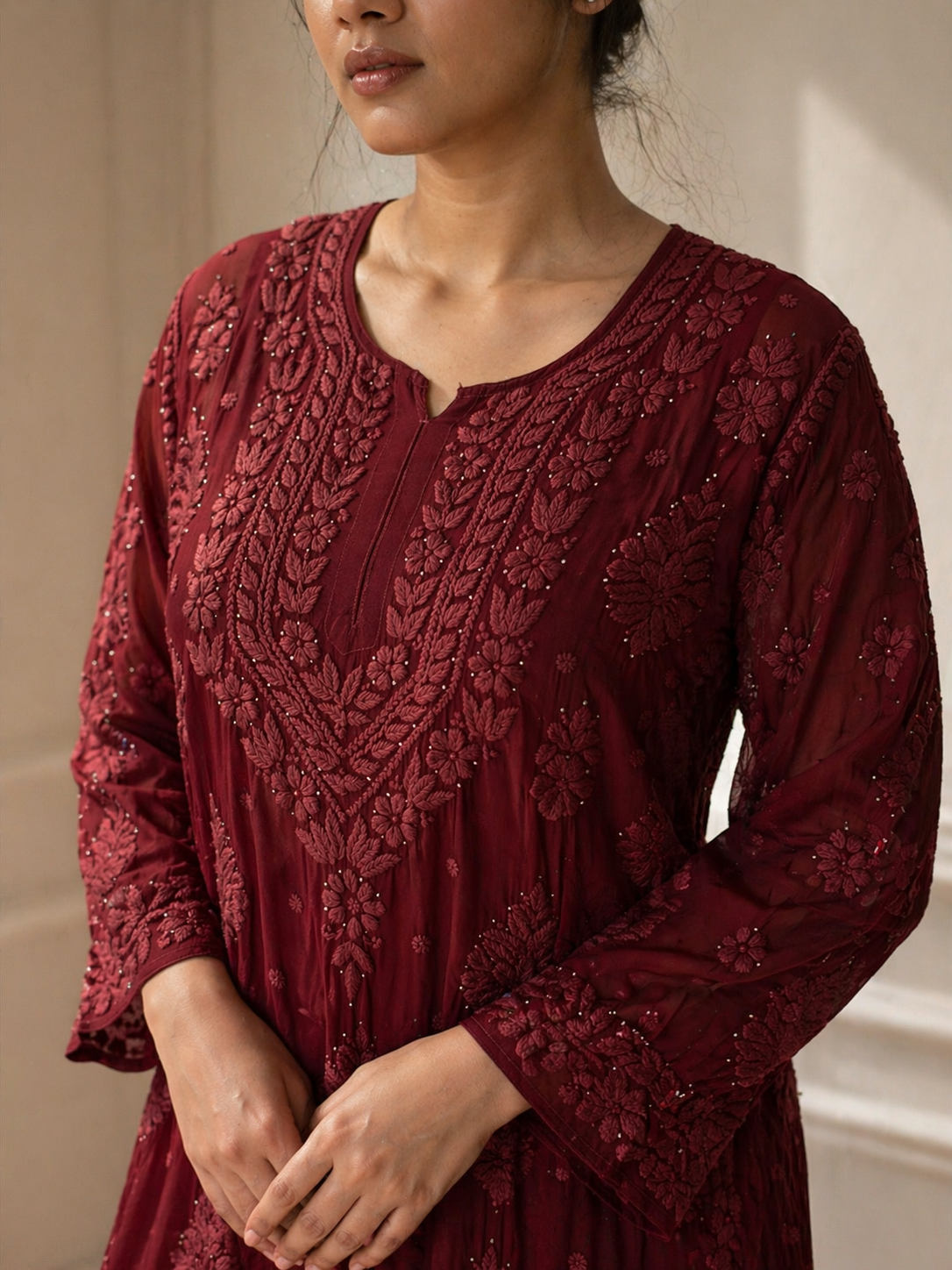 Maroon heavy work viscose Kurti (comes with an inner)