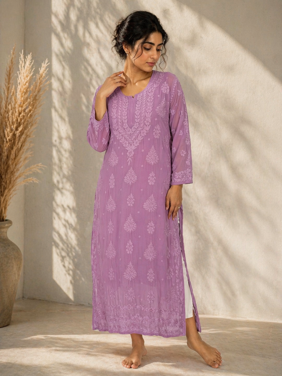 Purple heavy work viscose Kurti (comes with an inner)
