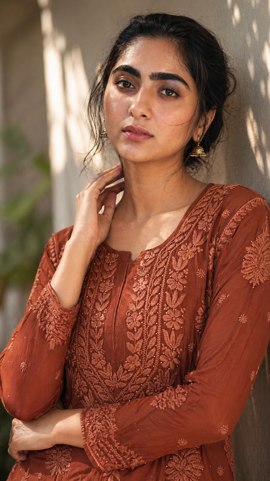 Brown heavy work viscose Kurti (comes with an inner)