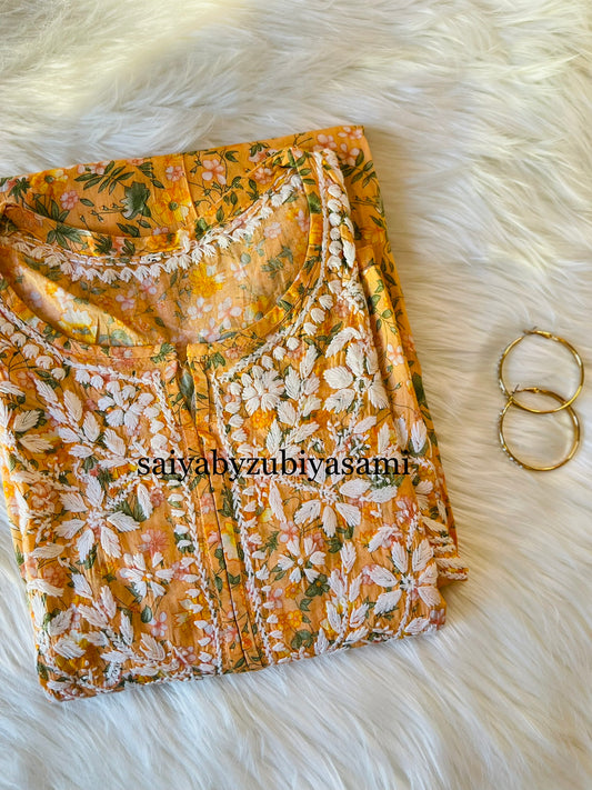 GUL-E-MULMUL FLORAL PRINT ORANGE KURTA