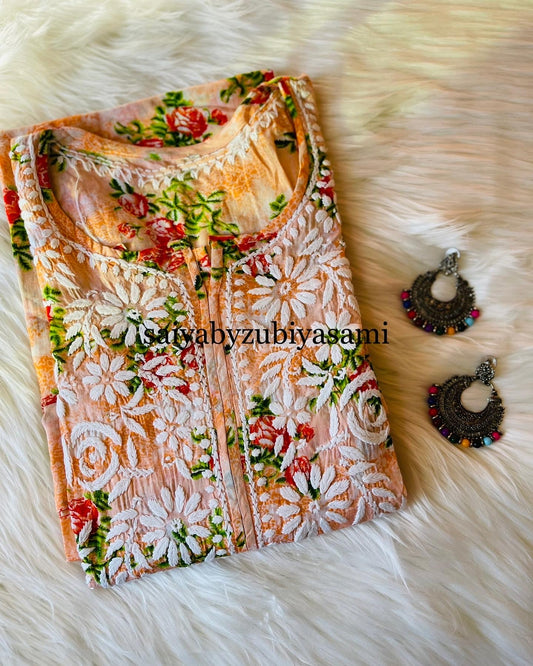 GUL-E-MULMUL FLORAL PRINT PEACH KURTA