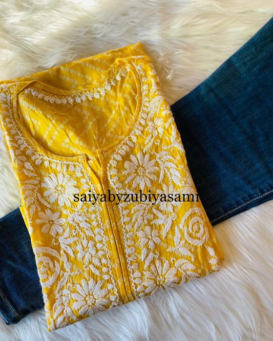 GUL-E-MULMUL BANDHANI PRINT YELLOW KURTA